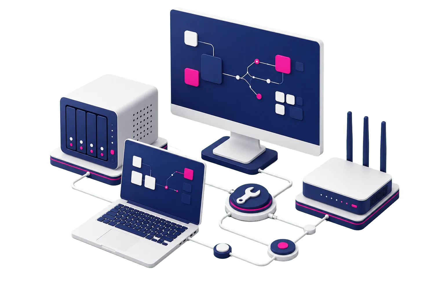 Illustration eines vernetzten Computerarbeitsplatzes mit Service-Symbol